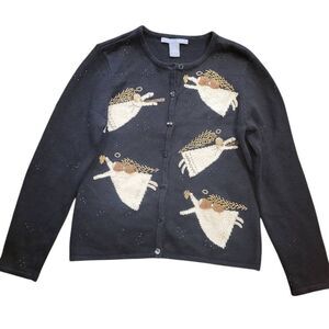 Vintage Carroll Reed Sweater Women's Small Black Angels Beaded Embroidered